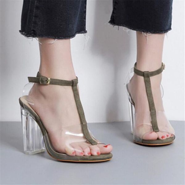 

women sandals pvc buckle strap 11cm square heel high heels round toe shallow women shoes sandalias mujer 2021 size 35-42 black