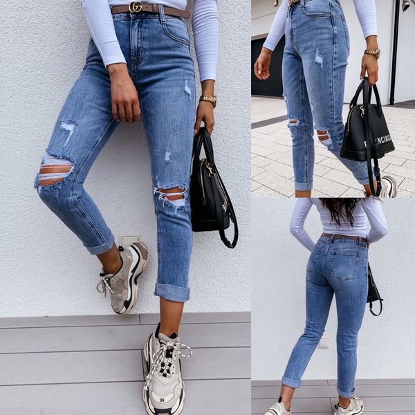 

women summer denim jeans ripped gat slender pencil ladies casual full length long jean broek, Blue