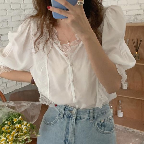 

women's blouses & shirts alien kitty summer women chic 2021 blouse solid femme gentle office lady lace patchwork streetwear spring, White