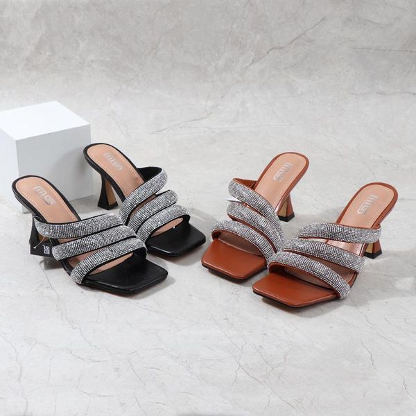 

slippers 2021 summer women's rhinestone sandals comfortable slim heel open toe club high heels, Black