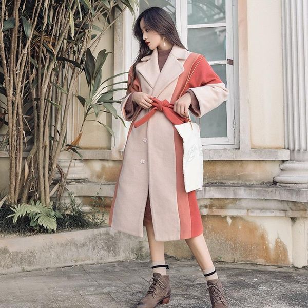 

women's wool & blends jsxdhk oversize winter turn down collar tweed coat women color matching woolen thickend warm belt outerwe, Black