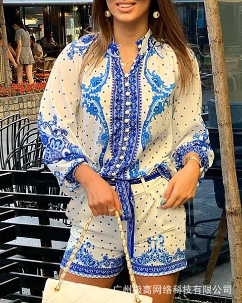 

women's tracksuits blue print shorts suit women 2021 summer with belt, Gray