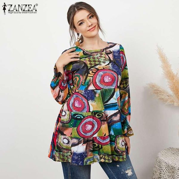 

plus size t-shirt womens 2021 autumn casual puff sleeve baggy blouse zanzea retro floral print blusa female o neck ruffle
