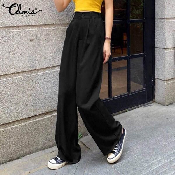 

women's pants & capris celmia elegant office trousers women casual high waist wide leg 2021 spring fashion pockets plus size party pant, Black;white