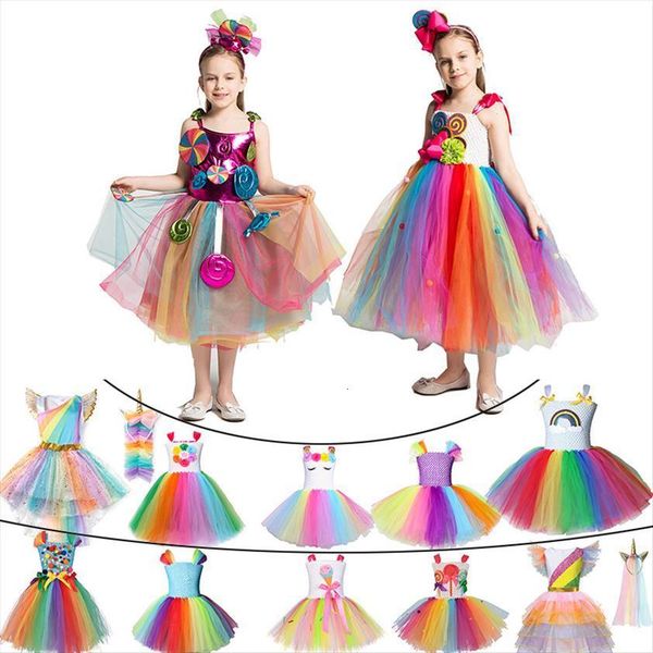 

rainbow girls lollipop tutu girl dress summer off shoulder mesh party frocks birthday unicorn fantasy costume kids candy ball gown, Red;yellow