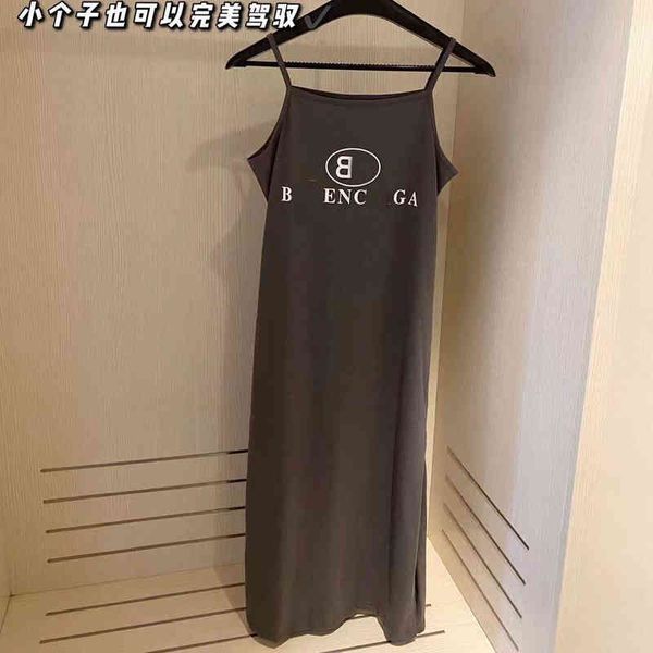 

2022 factory wholesale new high version summer women's suspender dress dark gray vertical feeling medium long printed washed straight t, White