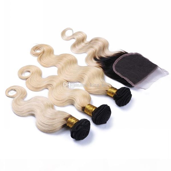 

brazilian 9a virgin ombre hair with lace closure light blonde virgin hair weave bundles ombre lace closure with bundles 1b 613 color, Black