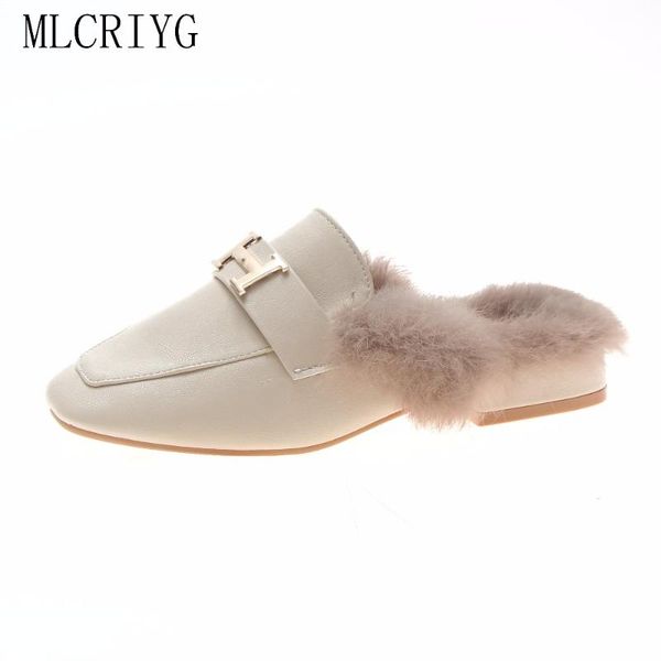 

slippers 2021 autumn women's most outdoor fur inside shoes woman fashion metal letter for girls dorm use, Black