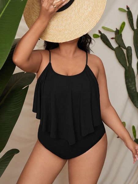 

plus solid hanky hem bikini swimsuit a8ce#, Black