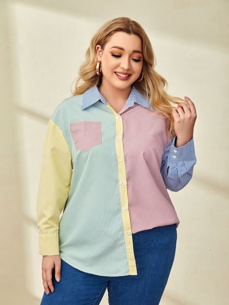 

plus vertical striped color block patched pocket blouse j2zi#, Black