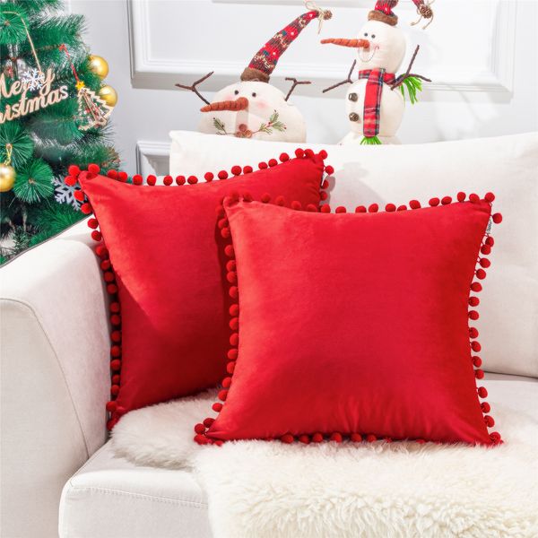 Natal veludo macio decorativo com bolas lance almofadas almofadas cobre fronha quadrado para sofá-cama home 45x45cm vermelho 210315