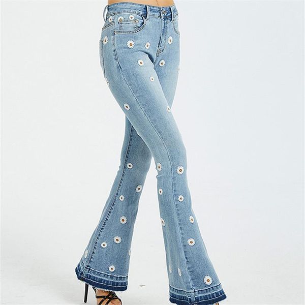 

women's jeans 2021 european and american ladies denim wide-leg pants embroidered trumpet daisy fashion temperament women, Blue