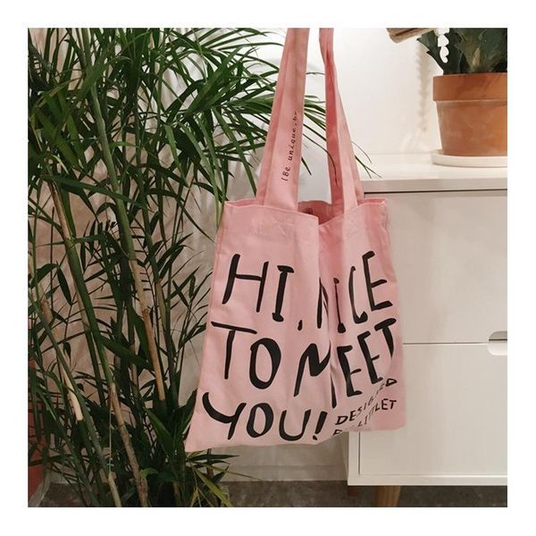 

shopping bags pink canvas bag on shoulder women resuable cotton fabric eco with letters portable bolsa tela linen tote for girls