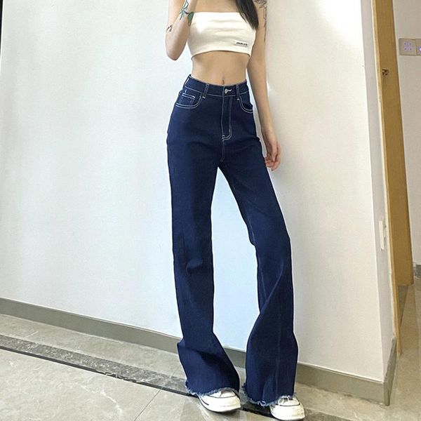

women's jeans women holes ripped tassel flare hollow out high waist denim trousers ladies vintage stretch slim wide leg pants, Blue