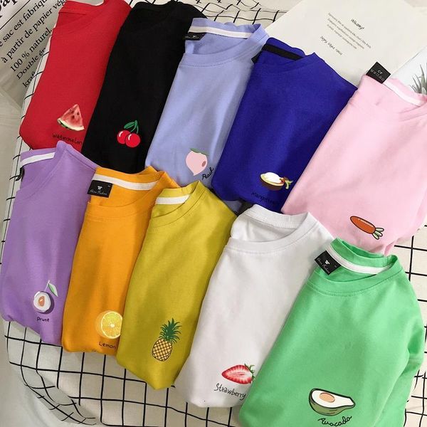 

summer fruit college wind pure cotton korean clothes women t-shirts men couples avocado strawberry cherry harajuku plus size, White