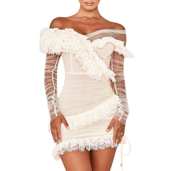 

casual dresses women lace stitching bag hip mini dress lady bodycon off-shoulder long sleeve v-neck party short vestidos de festa, Black;gray