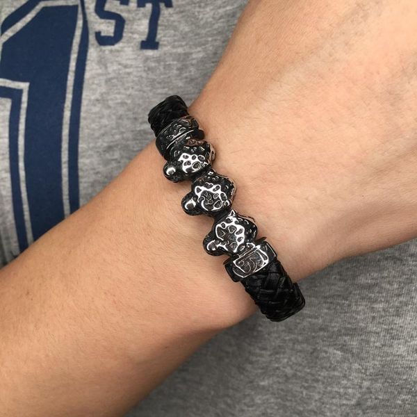 

charm bracelets punk men leopard head bracelet black leather stainless steel magnetic buckle bangles fashion wrist band bb791, Golden;silver