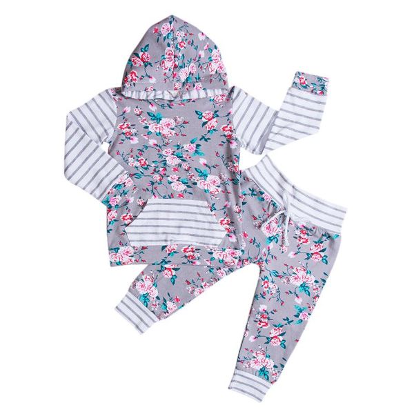 

clothing sets emmababy 2021 autumn 0-24m toddler baby girls 2pcs set floral print hooded front pocket striped long sleeve pants outfit, White