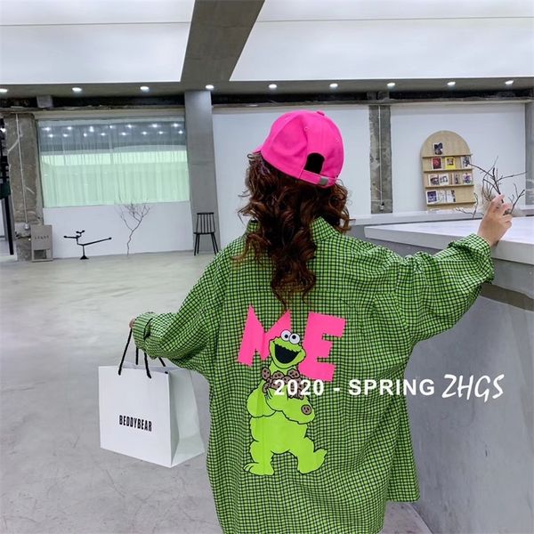 

children's wear spring new girl long plaid cartoon shirt jacket thin big casual shirt 210306, White;black