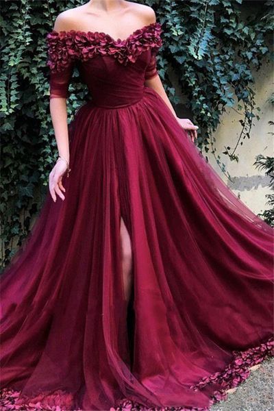 

new luxury burgundy a line evening dresses for women off shoulder with hand made flowers split plus size formal prom dress party gowns, Black;red