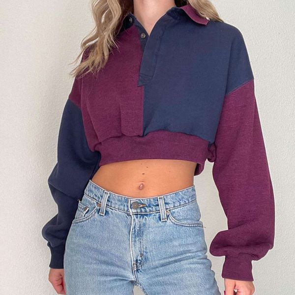 

autumn and winter overseas college style color polo collar women's wear solid short open navel sweater, Black