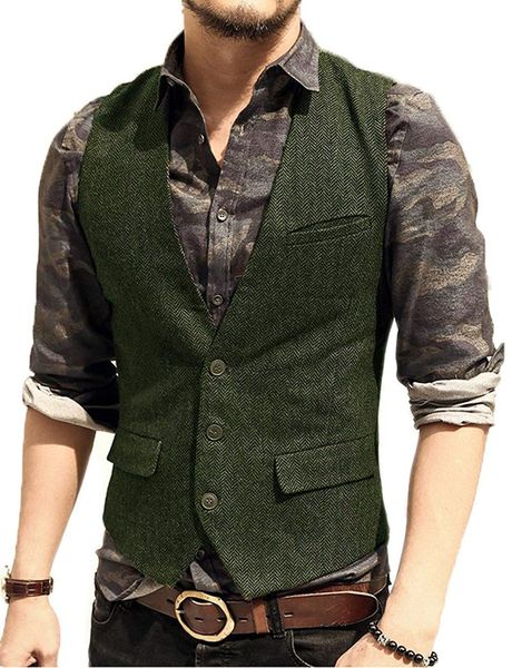 

mens fashion suit vest slim fit v neck burgundy grey army green wool tweed waistcoat for wedding groom, Black