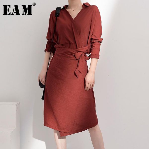 

eam] women waist bandage split big size dress new lapellong sleeve loose fit fashion tide spring summer 2021 ju35603, Black;gray