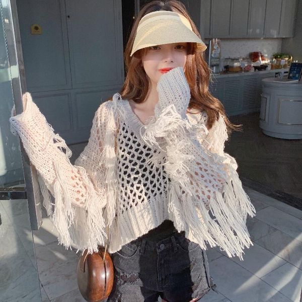 

women's sweaters fringed hollow knit sweater blouse v-neck ruffles pullovers loose crocheted tassles crop smock, White;black