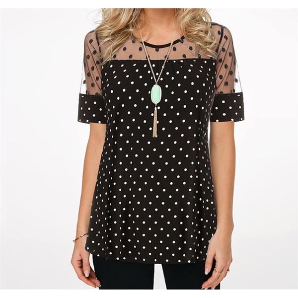 

blouse new plus size 5xl polka dot tee shirt women round neck splice short sleeve summer casual loose female shirt 210302, White