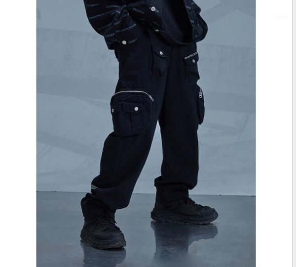 

men's pants 2021 fashion overalls tide brand three-dimensional multi-pocket casual straight loose trousers, Black