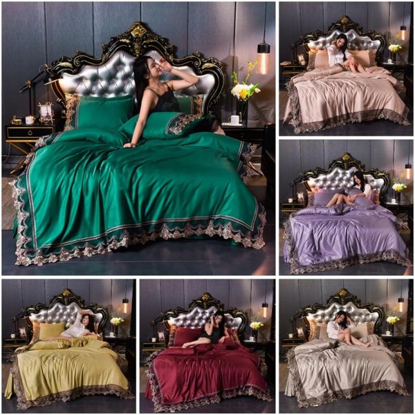 

luxury 2/3/4pcs lace silk bedding set satin duvet cover set with flat sheet zipper closure twin  king 8 patterns