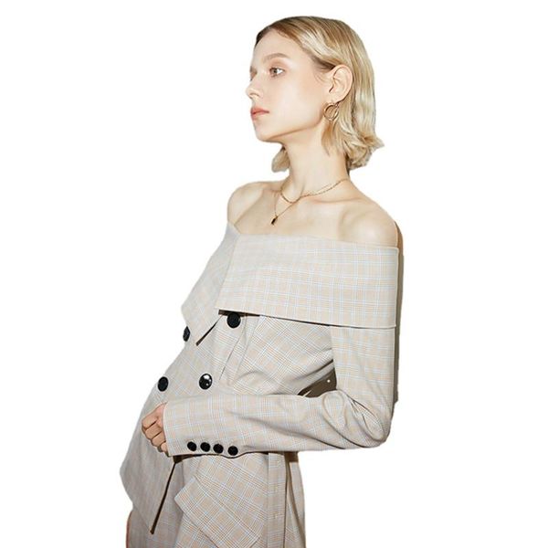 

women's suits & blazers plaid irregular long women elegant slash neck sleeve loose fit jackets fashion tide spring autumn 2021 womens b, White;black