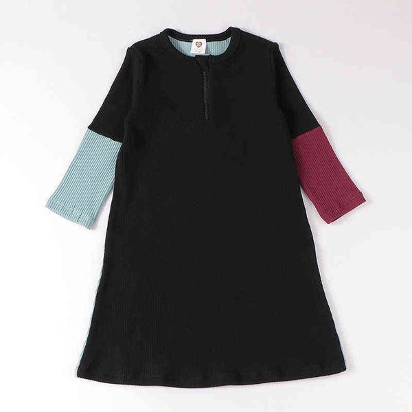 

girls dress long sleeves kids clothes front zipper winter girl dresses children clothing kids dress zipper neck contrast patches g1218, Red;yellow