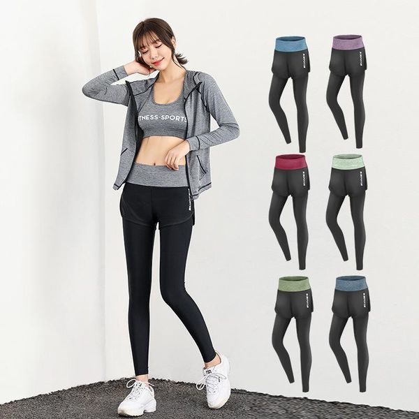 

yoga outfit spring autumn women fitness leggings running high waist woman pants sports stretch fake two-piece trousers wholesale