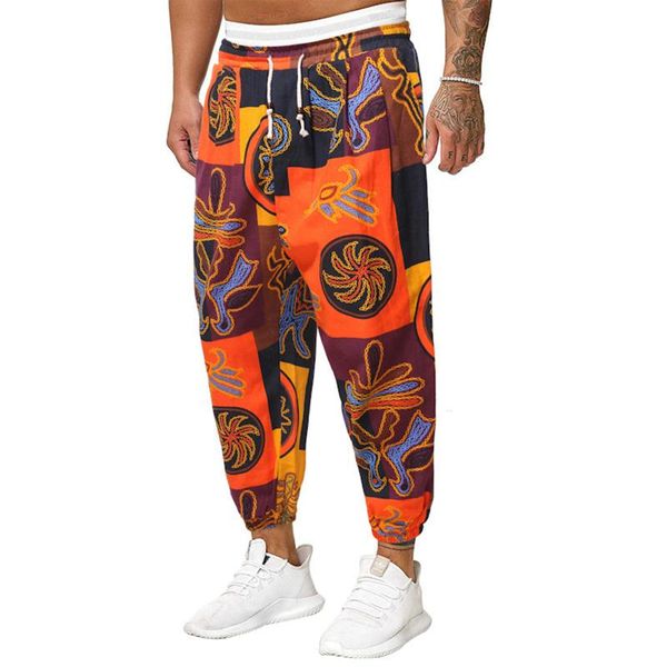 

men's pants 5 styles ethnic style men cotton linen harem trousers graffiti print drawstring middle waist loose baggy male 5xl, Black