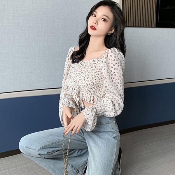 

women's blouses & shirts casual blouse chiffon puff long sleeve print bandage slim fit v-neck, White