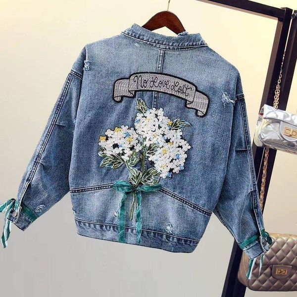 

2021 new denim cropped jacket women vinatge embroidery flower coat harajuku ladies fall clothes bc4s, Black;brown