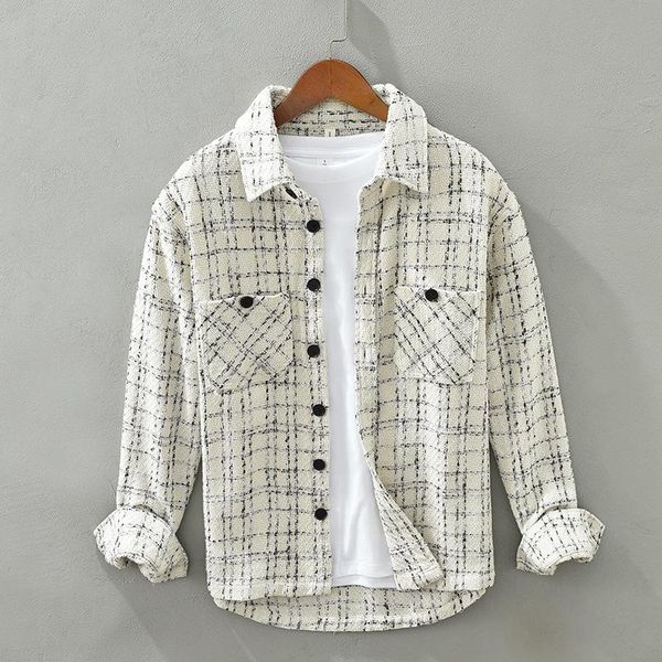 

men's casual shirts 1310 loose plaid for men unique design square collar long sleeve pocket daily youth student streetwear male, White;black