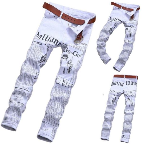 

men's pants mens ripped jeans white spaper print slim fit long pant distressed trousers, Black