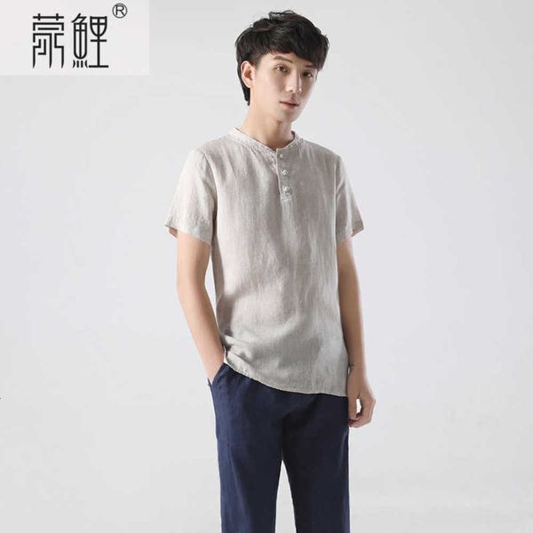

summer men's loose linen short sleeve round neck plain casual t-shirt, White