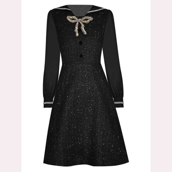

est fashion navy collar long sleeve beaded diamond thick dress 210526, Black;gray