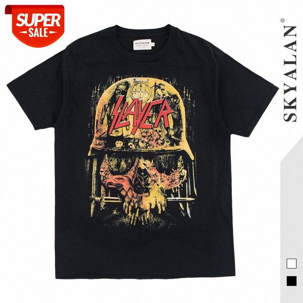 

rock short sleeve t-shirt male steel helmet skull retro metal band couple hip hop half tee #9q6j, White;black