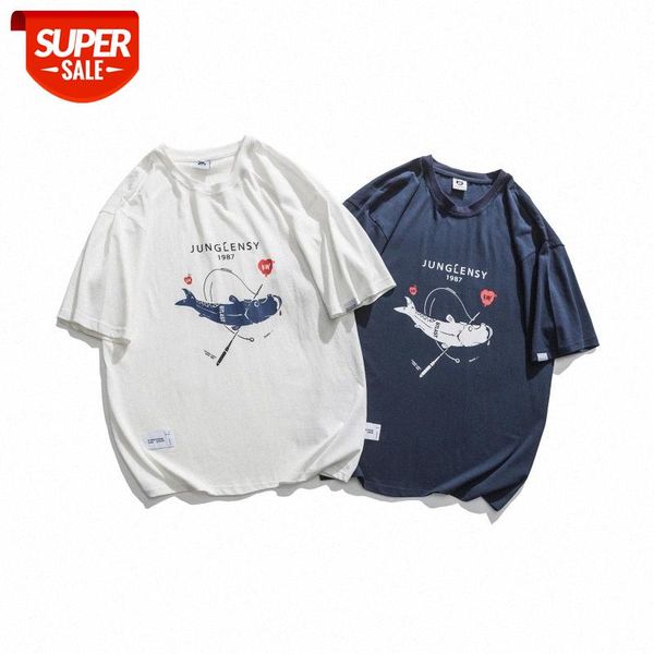 

mansclot big fish print round neck loose short sleeve t-shirt men's half #jd6b, White;black