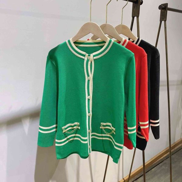 

crew neck cardigan navy spring and summer new hemp sweater chain stripe ice silk coat women, White