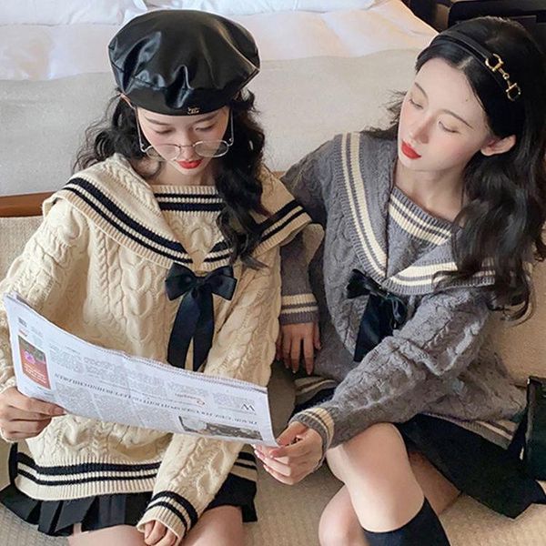 

women's sweaters 2021 cute preppy style sailor collar contrast color knitwear women 's vintage twisted pattern sweater loose slimm, White;black