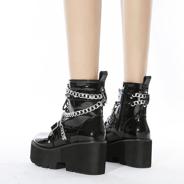 

boots fashion chunky heels motorcycle woman black chain metal punk nightclub platform ankle women's winter shoes