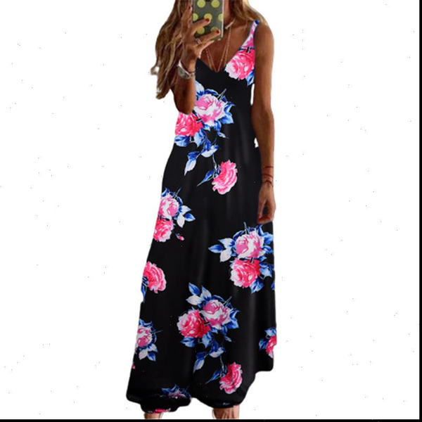 

5xl plus size women clothing summer long dresses sleeveless v neck casual loose dress flower print spaghetti strap maxi dress, Black;gray