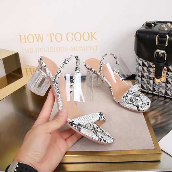 

slippers 2021 summer snake skin pattern with a word belt high-heeled sandals thick-heeled european and american fashion transparent g, Black