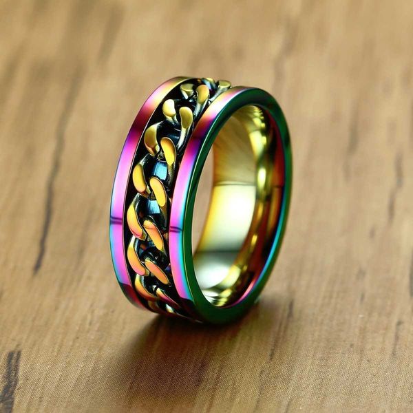 Edelstahl 8mm Regenbogenkette Spinnerring für Männer drehbarer Modeschmuck X0715