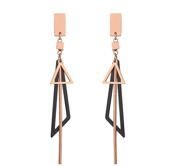 

hoop & huggie 316l stainless steel long multi-piece cubic shaped triangle tassel earrings female titanium rose gold taigang, Golden;silver